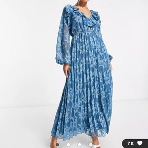 ASOS design jaquard pleated midi dress in deep blue size 14